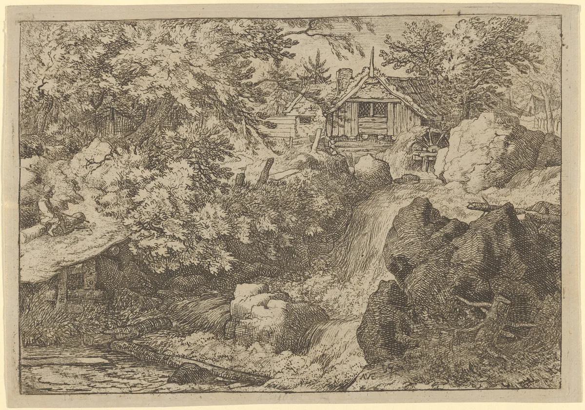 The Cascade Near the Watermill by Allart van Everdingen, print, 1621-1675