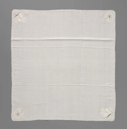 Zakdoek met borduurwerk met een tuinman en een boeketje dat uit een ovaal steekt met naaldkantsteken in opengewerkte delen by anonymous, textile, 1835-1840