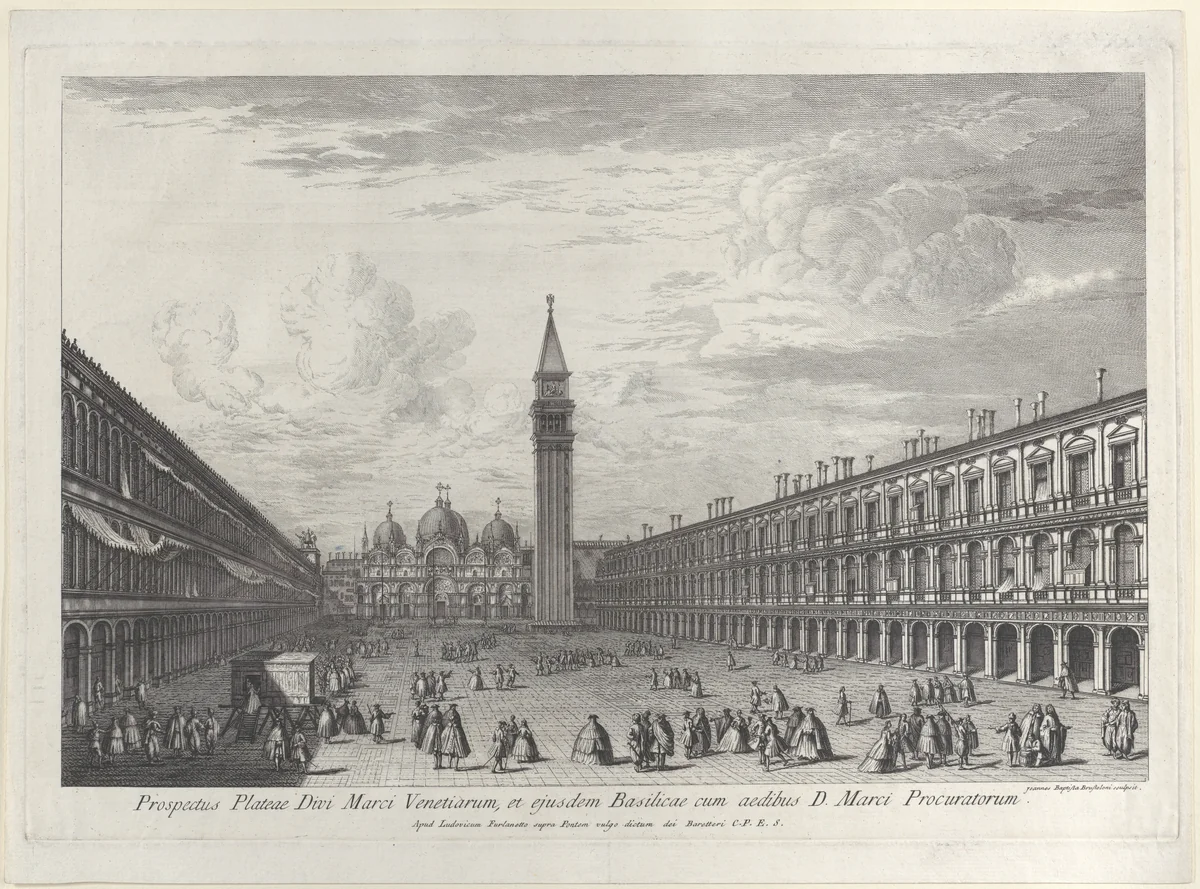 Piazza San Marco looking towards the Basilica and Campanile by Giovanni Battista Brustolon, print, 1763