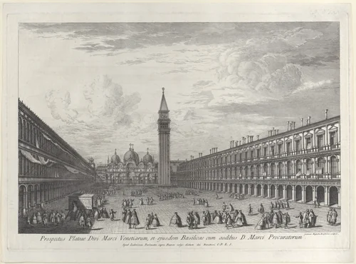 Piazza San Marco looking towards the Basilica and Campanile by Giovanni Battista Brustolon, print, 1763
