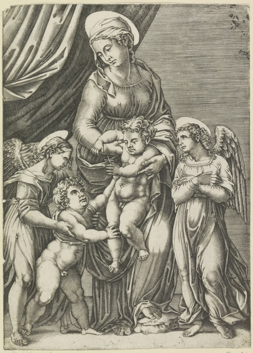 Maria met Kind en de jonge Johannes de Doper by Unknown, print, 1500-1536