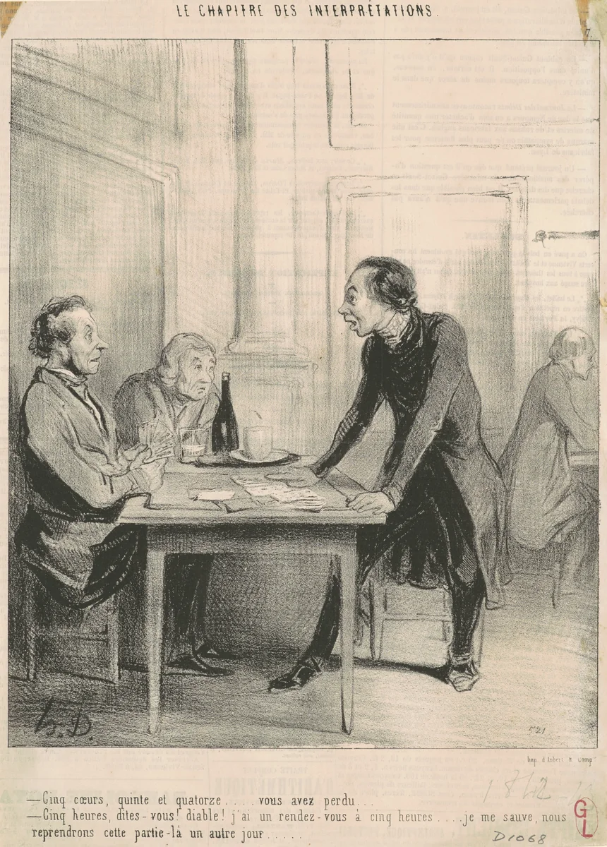 Cinq coeurs, quinte et quatorze ... by Honoré Daumier, print, 1843