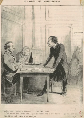 Cinq coeurs, quinte et quatorze ... by Honoré Daumier, print, 1843