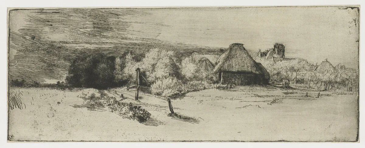 Landscape with a Farm Building and the House with the Tower by Rembrandt van Rijn, print, 1650