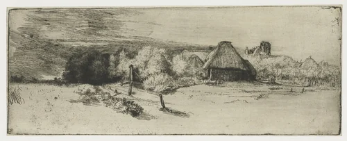 Landscape with a Farm Building and the House with the Tower by Rembrandt van Rijn, print, 1650
