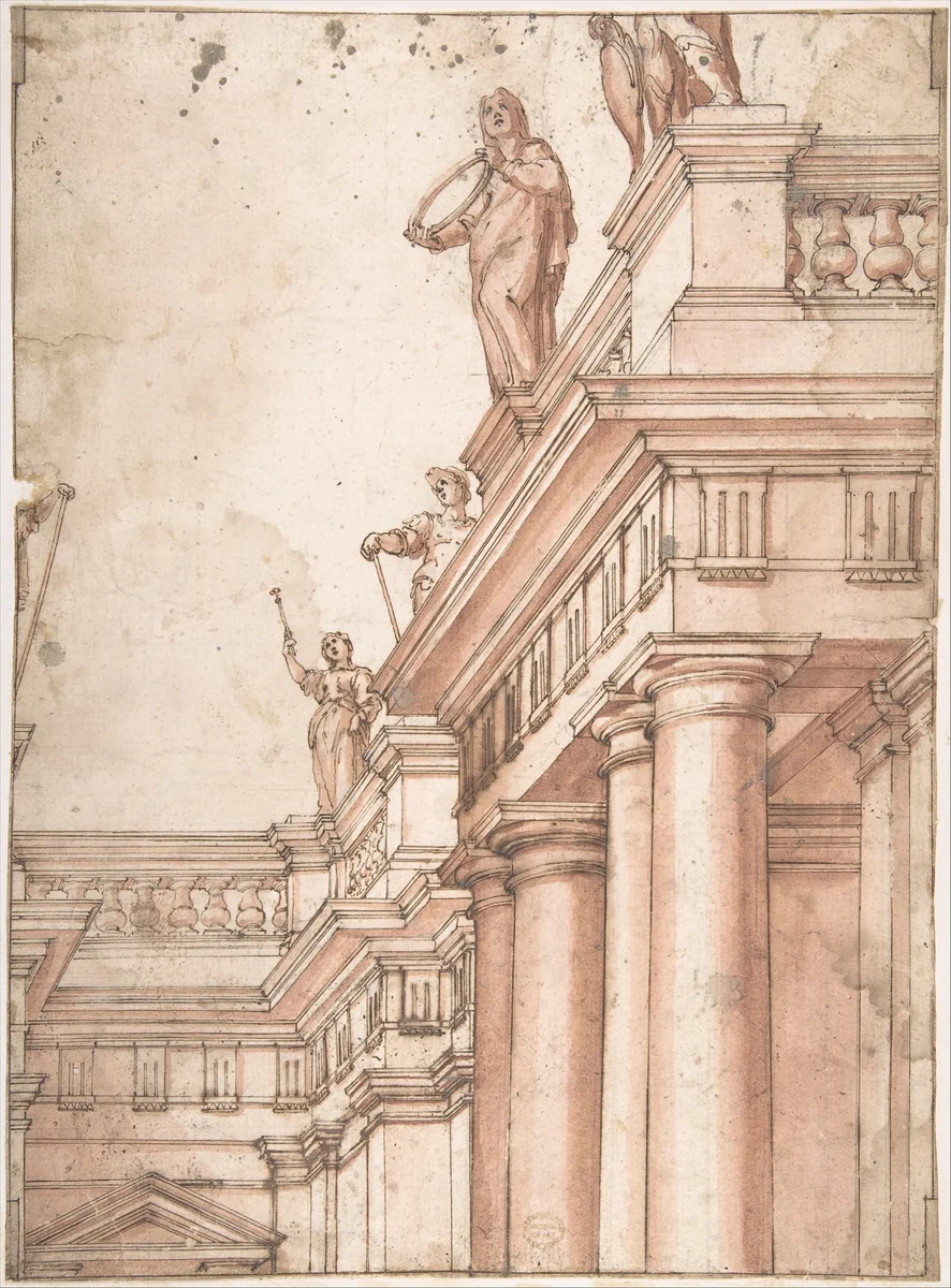 Façade (for Stage Setting) by anonymous, drawing, 1500-1600