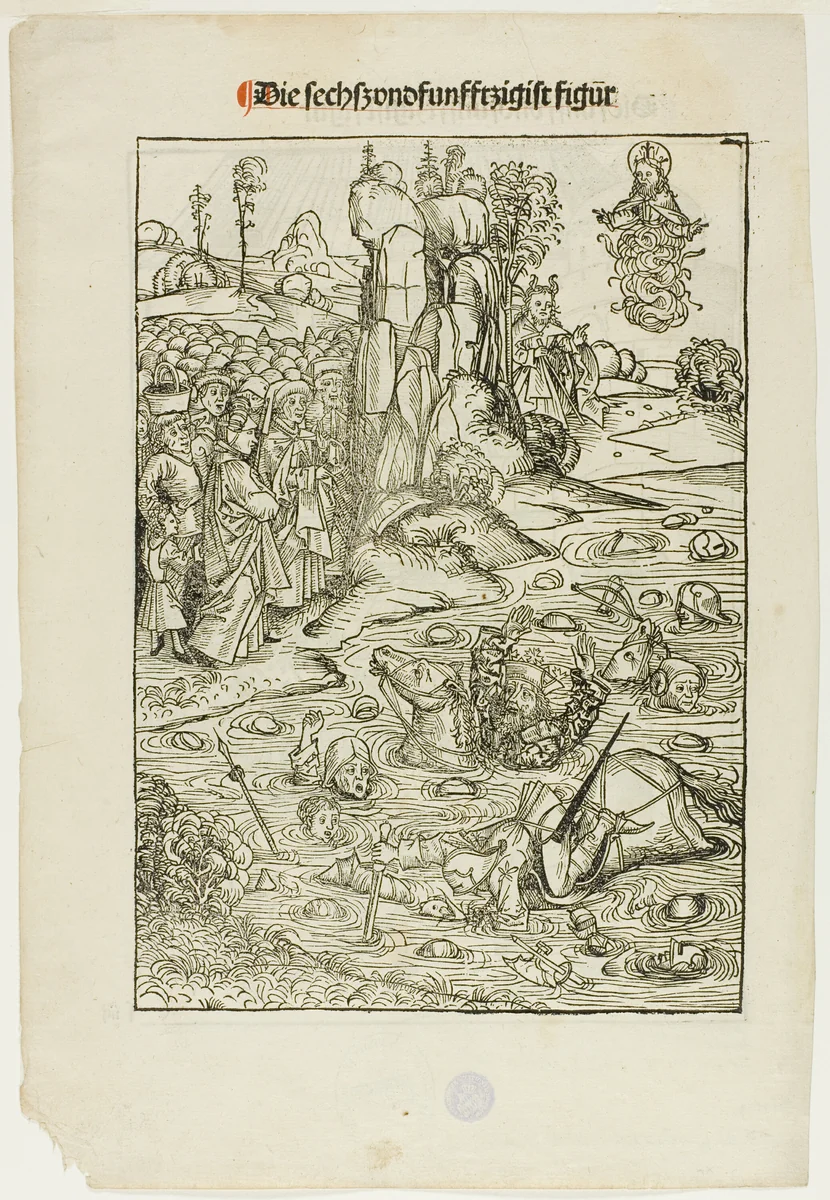 Pharoah and His Host Perishing in the Red Sea (verso); The Freeing of King Joachim of Jerusalem (recto), pages 56 and 55, from the Treasury (Schatzbehalter) by Michael Wolgemut, print, 1491