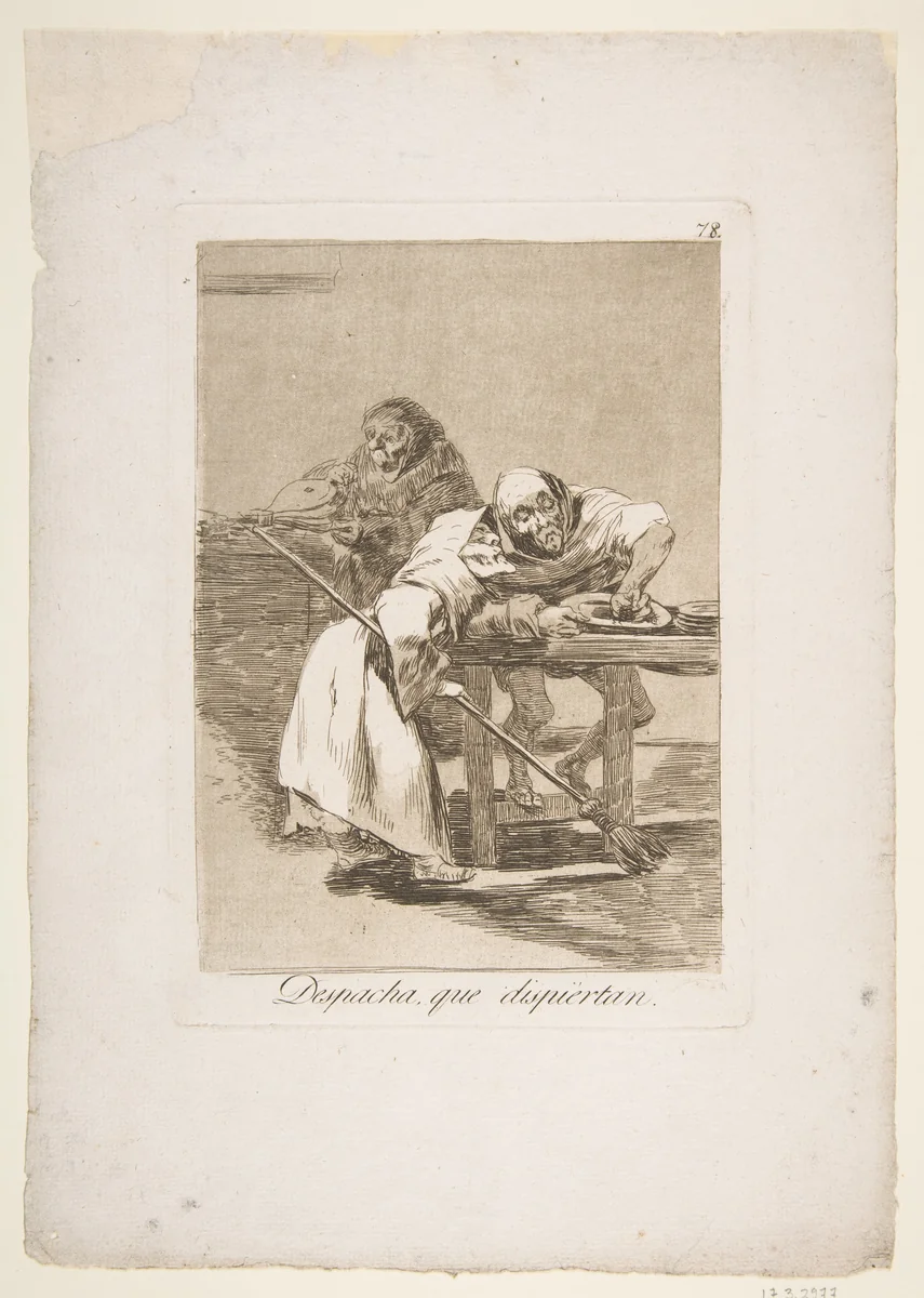 Plate 78 from 'Los Caprichos': Be quick, they are waking up (Despacha, que dispiertan.) by Goya, print, 1799