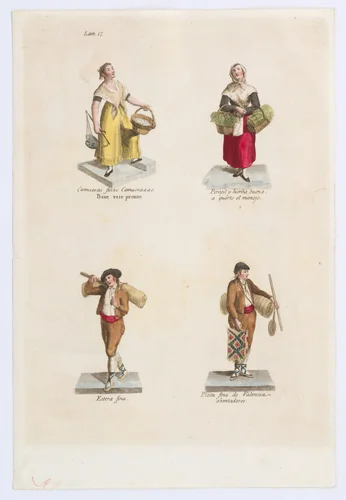 Plate 17: four street vendors from Madrid selling parsley, mats etc, from 'Los Gritos de Madrid' (The Cries of Madrid) by Miguel Gamborino, print, 1809-1817