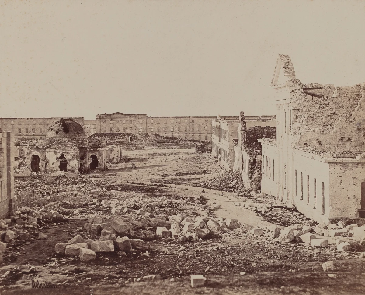 Courtyard with Domed Building in Ruins by James Robertson; Felice Beato, photograph, 1855-1856