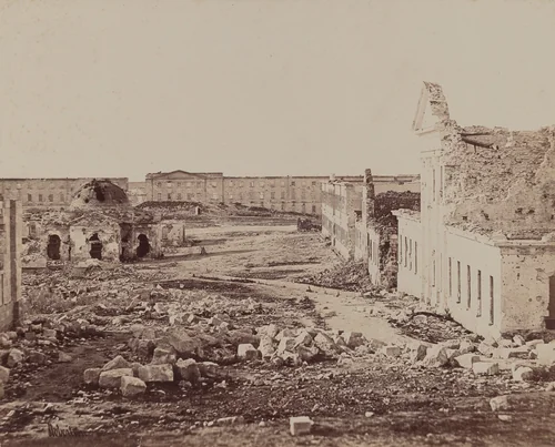 Courtyard with Domed Building in Ruins by James Robertson; Felice Beato, photograph, 1855-1856