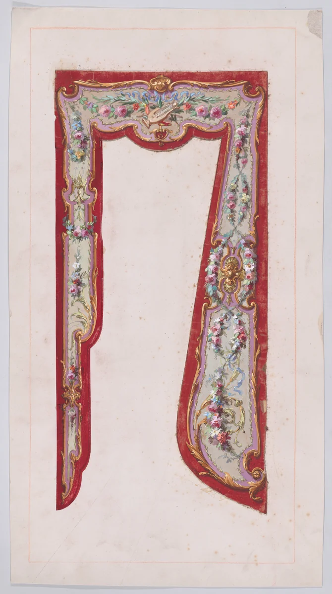 Design for a Valance with Thin Garlands and Bundles of Flowers and a Lyre Inside an Ornamental Frame with Scrolling Motifs Presenting Two Different Variations for the Design by anonymous, drawing, 1870-1900
