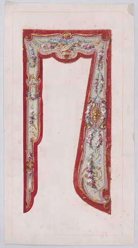 Design for a Valance with Thin Garlands and Bundles of Flowers and a Lyre Inside an Ornamental Frame with Scrolling Motifs Presenting Two Different Variations for the Design by anonymous, drawing, 1870-1900