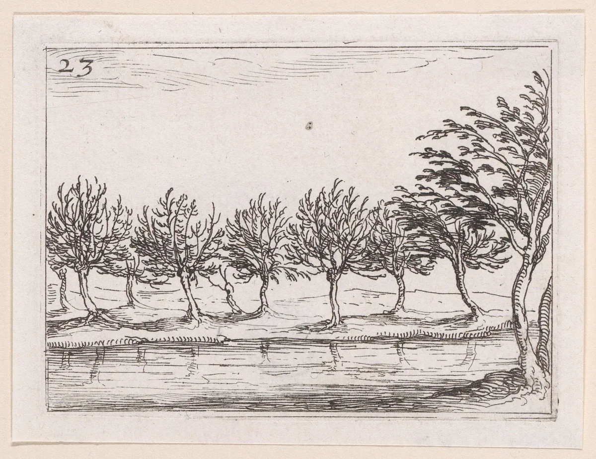 Le Saules au Bord de l'Eau (The Willows at the Waterfront), plate 23 from "Lux Claustri ou La Lumière du Cloitre" (The Light of the Cloisters) by Jacques Callot, print, 1621-1635