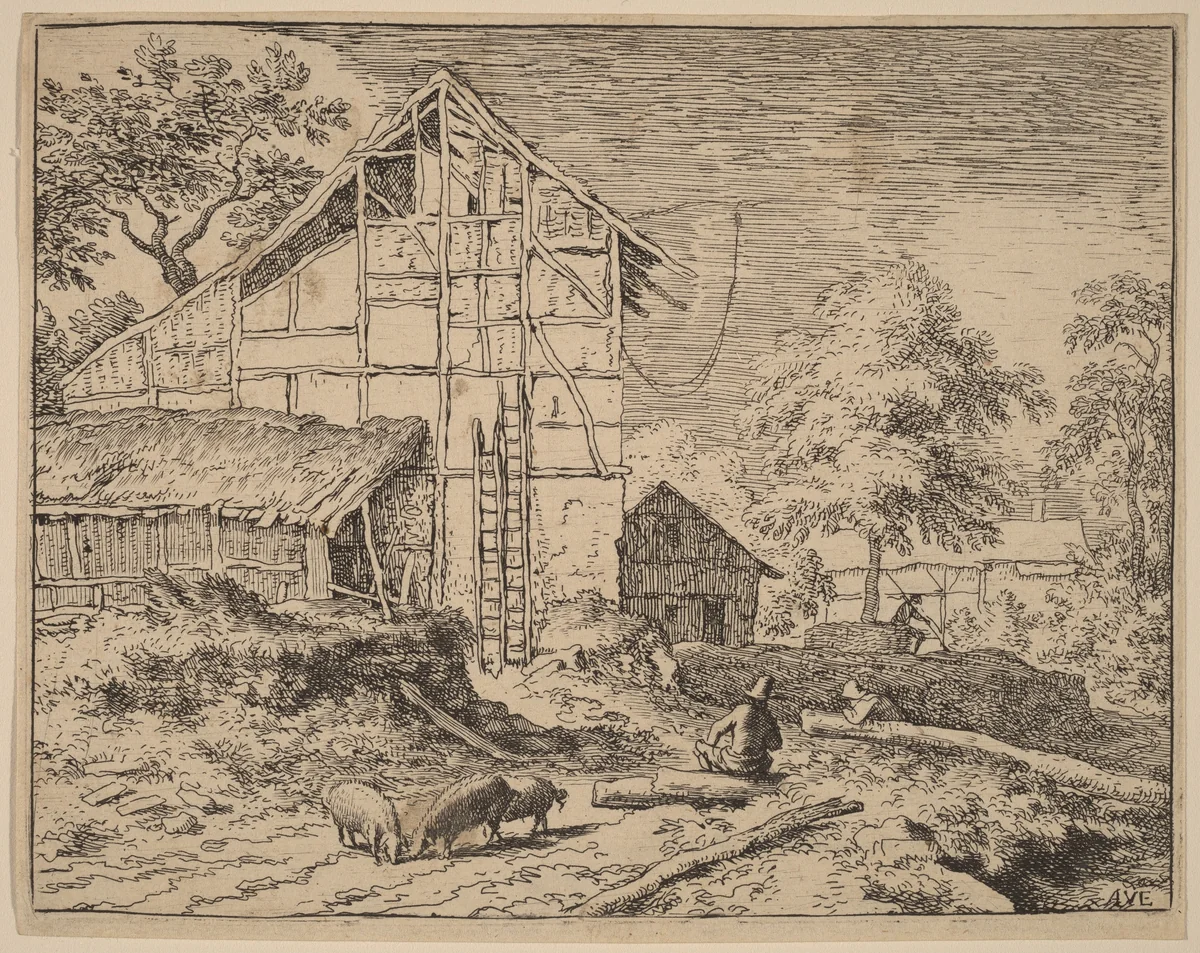 Cottage with Two Ladders by Allart van Everdingen, print, 1645-1656