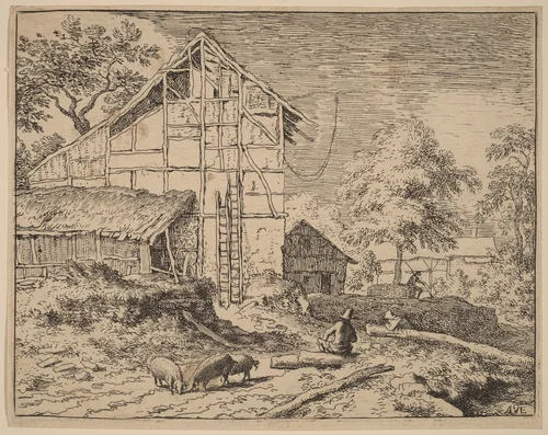 Cottage with Two Ladders by Allart van Everdingen, print, 1645-1656