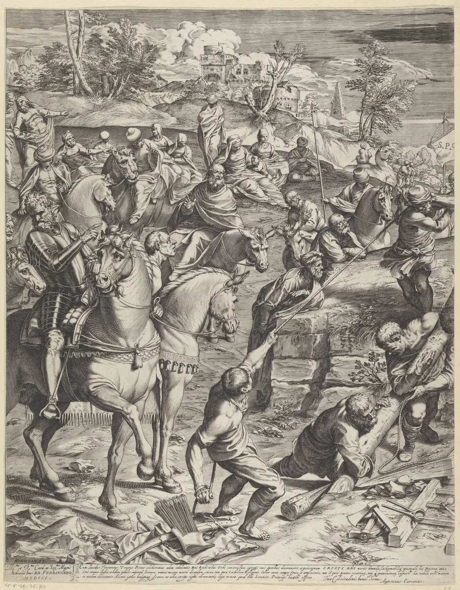 Kruisiging van Christus (linker deel) by Unknown, print, 1589