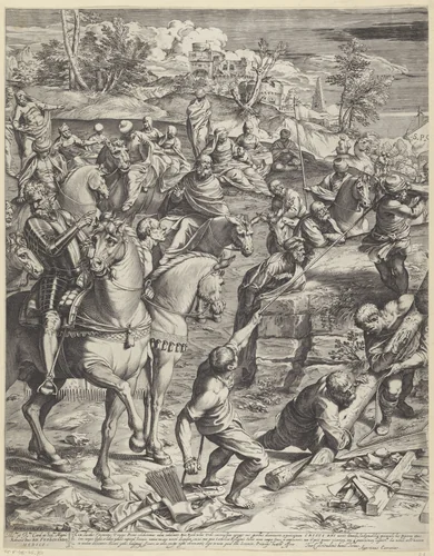 Kruisiging van Christus (linker deel) by Unknown, print, 1589