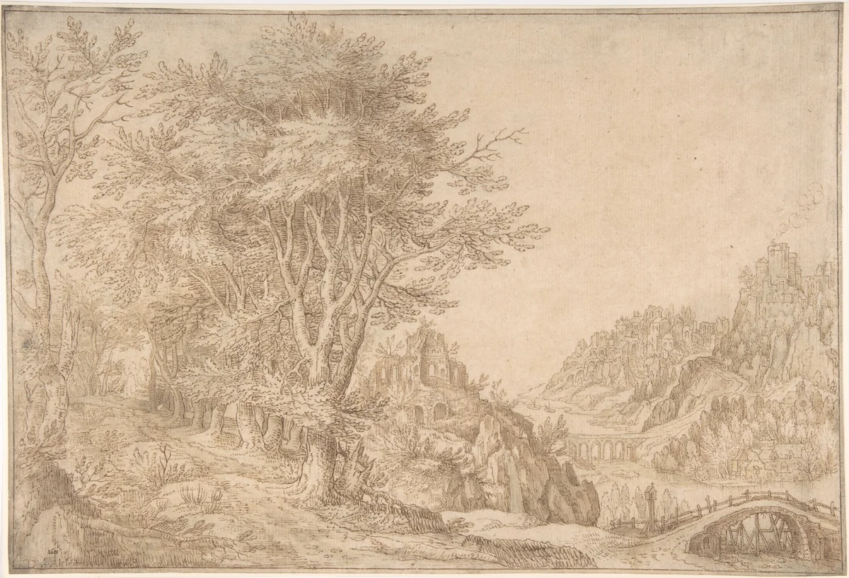 Wooded Landscape with a River, Castle, and Town Beyond by Denijs van Alsloot, drawing, 1600-1620