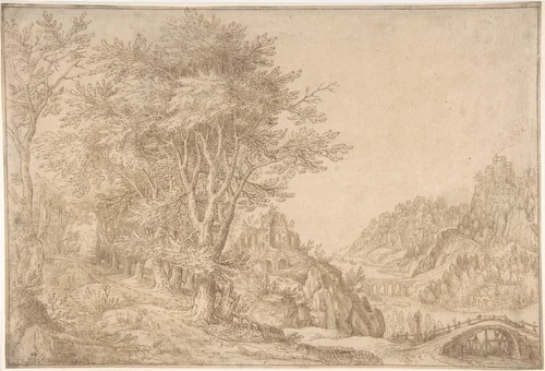 Wooded Landscape with a River, Castle, and Town Beyond by Denijs van Alsloot, drawing, 1600-1620