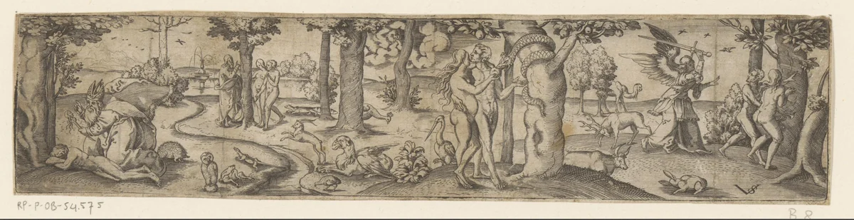 Schepping van Eva, zondeval en verdrijving uit het paradijs by Unknown, print, 1524-1562
