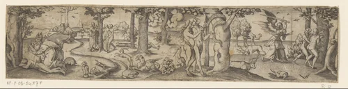 Schepping van Eva, zondeval en verdrijving uit het paradijs by Unknown, print, 1524-1562