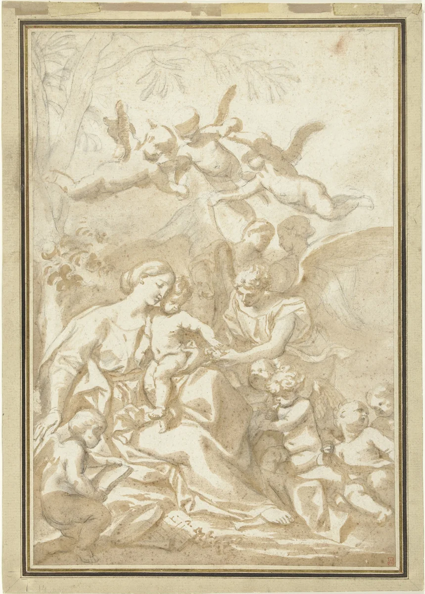 Maria met het Christuskind onder een boom by Domenico I Piola, drawing, 1637-1703