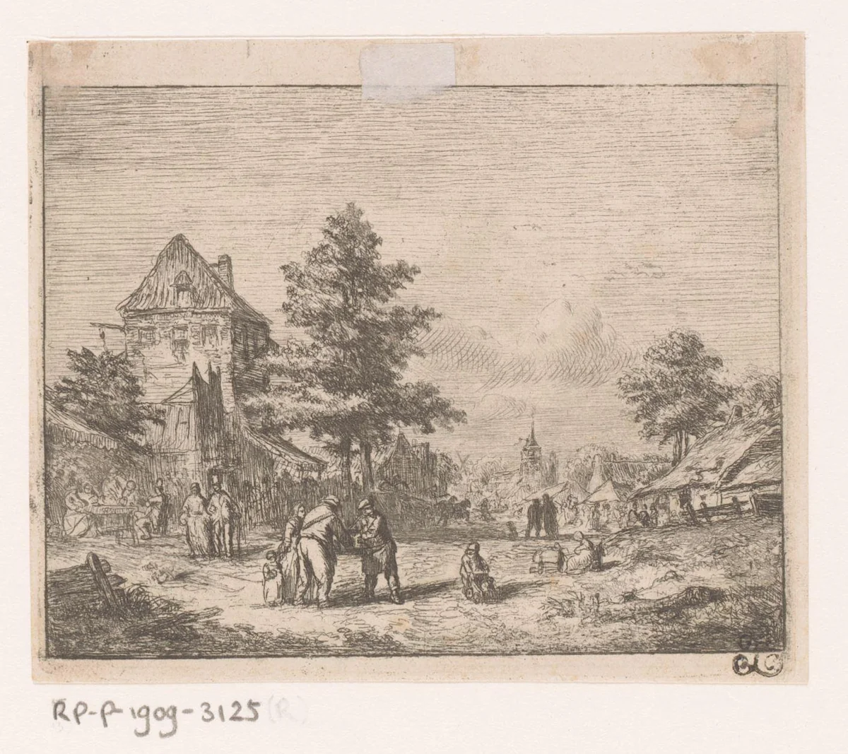 Dorpsgezicht met veel mensen op straat en een kerk op de achtergrond by Florent Nicolas Crabeels, print, 1849