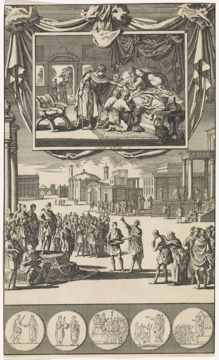 Adoptie van een pleegkind en de zegening van de zonen van Jozef by Jan Luyken, print, 1700