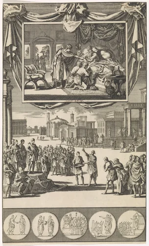 Adoptie van een pleegkind en de zegening van de zonen van Jozef by Jan Luyken, print, 1700