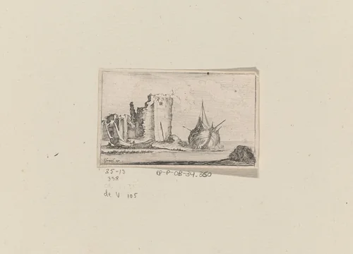 Schip voor een ruïne by Stefano della Bella, print, 1620-1664