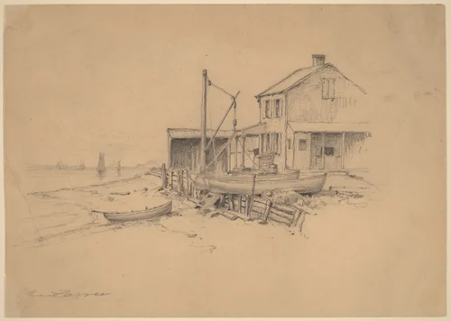 Fishing Boats and Shack by Henry Farrer, drawing, 1843-1903