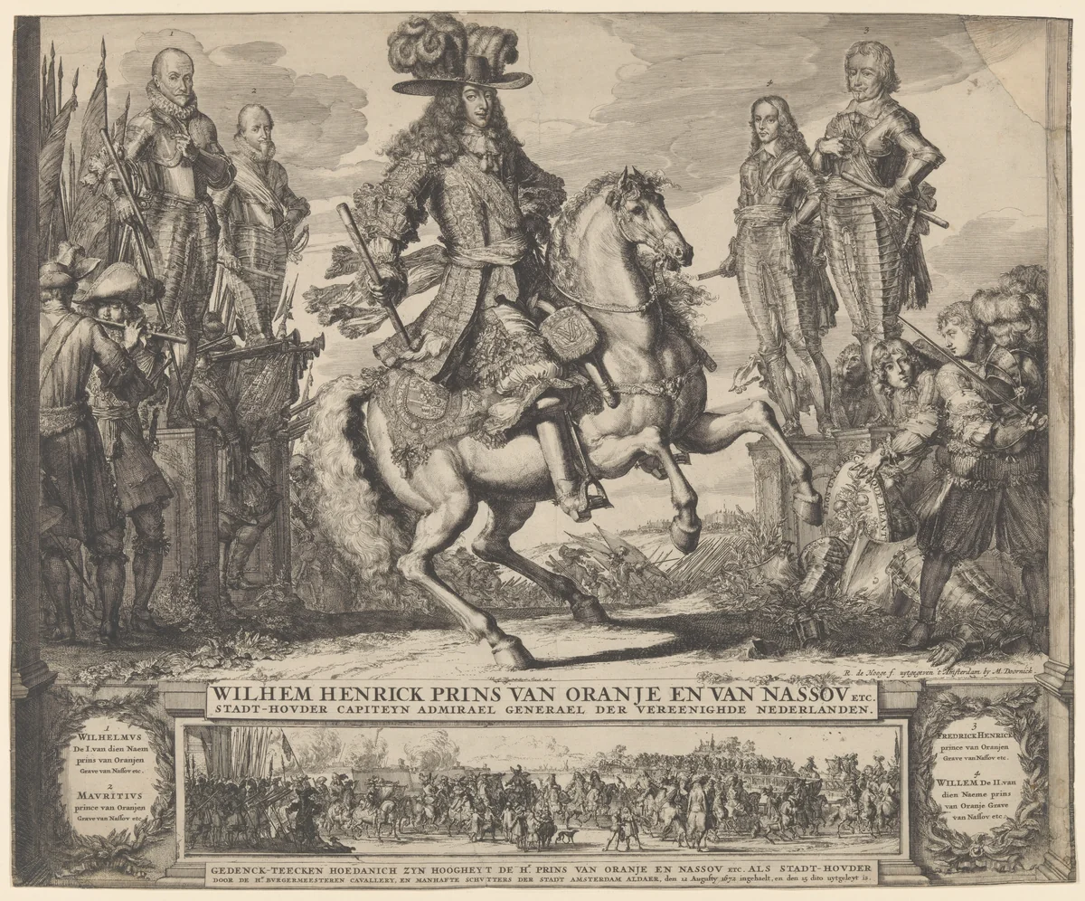 William III as Prince of Orange, with the four preceding Stadthouders, William I, Maurice, Frederick Hendrick, William II by Romeyn de Hooghe, print, 1660-1708
