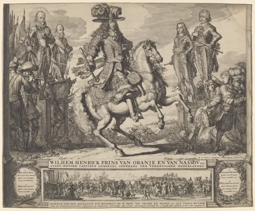 William III as Prince of Orange, with the four preceding Stadthouders, William I, Maurice, Frederick Hendrick, William II by Romeyn de Hooghe, print, 1660-1708