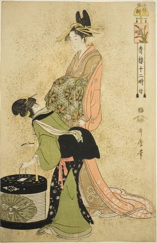 Hour of the Cock (Tori no koku), from the series "Twelve Hours in Yoshiwara (Seiro juni toki tsuzuki)" by Kitagawa Utamaro (喜多川歌麿), print, 1789-1799