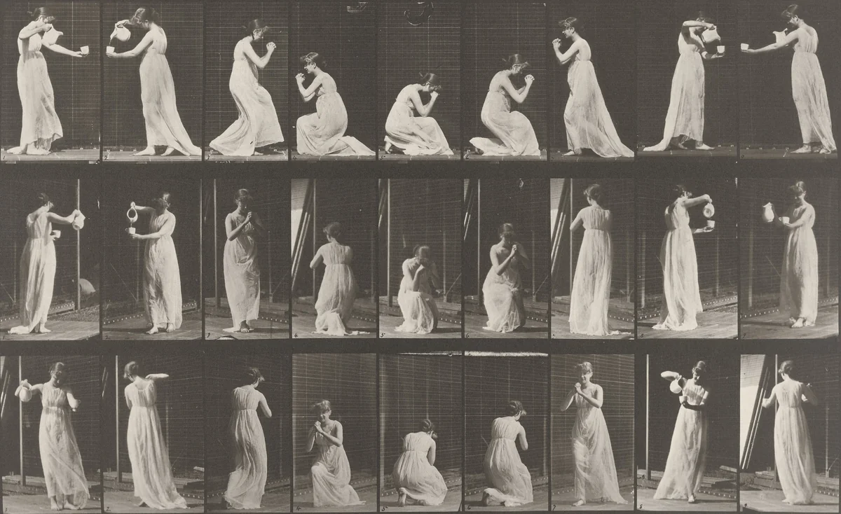 Miscellaneous, Stooping, Kneeling, etc.: Plate 502 from Animal Locomotion (1887) by Eadweard Muybridge, photograph, 1884