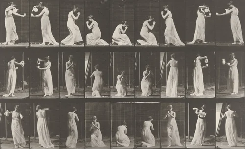 Miscellaneous, Stooping, Kneeling, etc.: Plate 502 from Animal Locomotion (1887) by Eadweard Muybridge, photograph, 1884