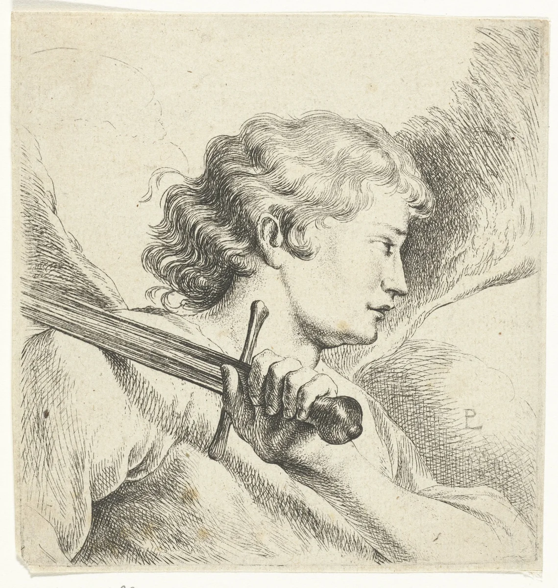 Aartsengel Michaël met zwaard by Jan Gerritsz. van Bronckhorst, print, 1613-1661