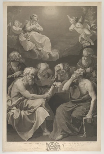 The doctors of the church consulting books and documents and contemplating the Virgin who is shown above in heaven, flanked by angels, after Reni by William Sharp, print, 1785