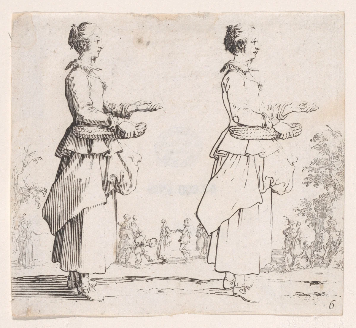 La Paysanne Tournée a Droite et Tenant un Panier (The Peasant Woman Turned to the Right and Holding a Basket), plate 6 from "Varie Figure" (Various Figures) by Jacques Callot, print, 1615-1625