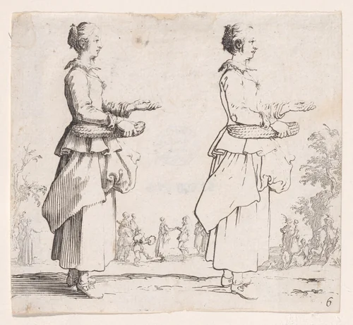 La Paysanne Tournée a Droite et Tenant un Panier (The Peasant Woman Turned to the Right and Holding a Basket), plate 6 from "Varie Figure" (Various Figures) by Jacques Callot, print, 1615-1625