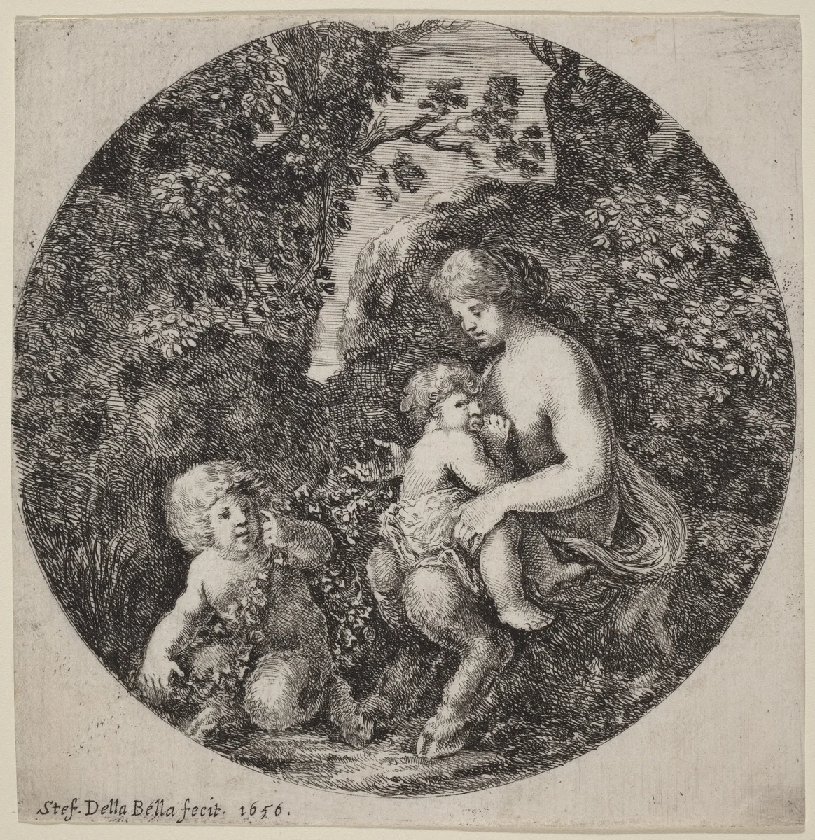 Female Satyr Nursing a Child in a Wooded Landscape by Stefano della Bella, print, 1656