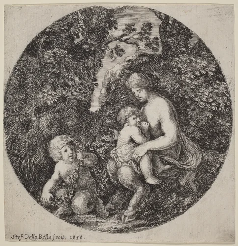 Female Satyr Nursing a Child in a Wooded Landscape by Stefano della Bella, print, 1656