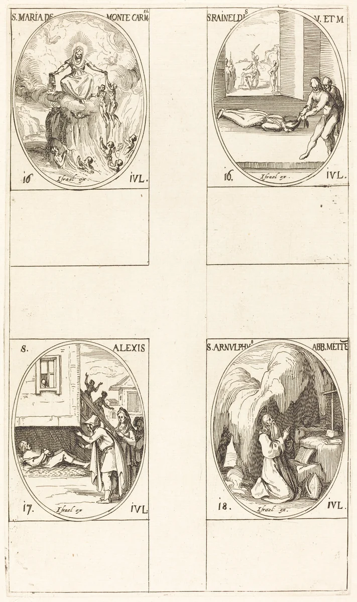 St. Mary of Mont Carmel; St. Raineldis; St. Alexis; St. Arnold of Metz by Jacques Callot, print, 1627-1637