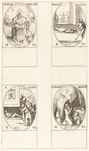 St. Mary of Mont Carmel; St. Raineldis; St. Alexis; St. Arnold of Metz by Jacques Callot, print, 1627-1637