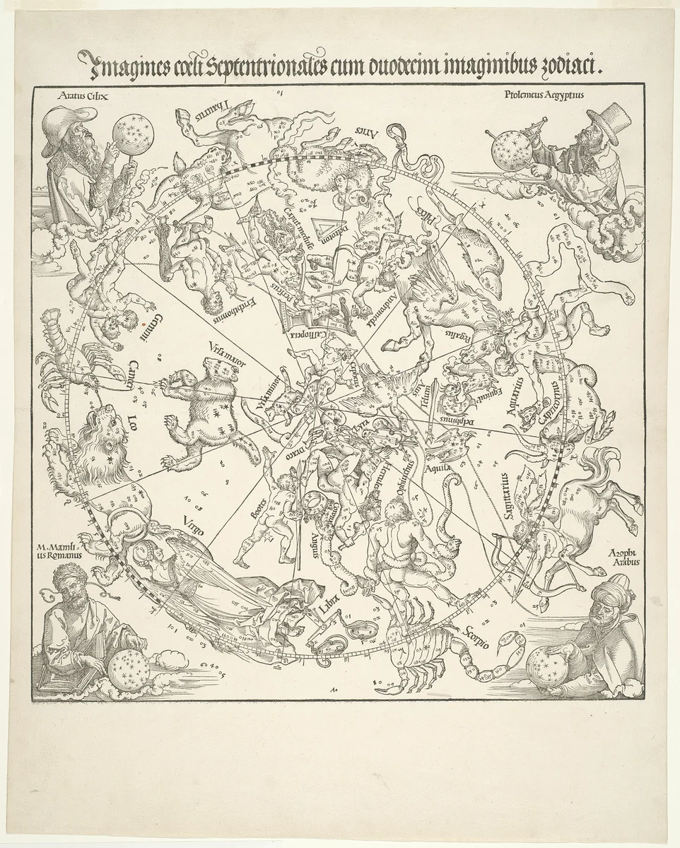 Celestial Map of the Northern Sky with the Signs of the Zodiac (Imagines coeli septentrionalis) by Albrecht Dürer, print, 1515