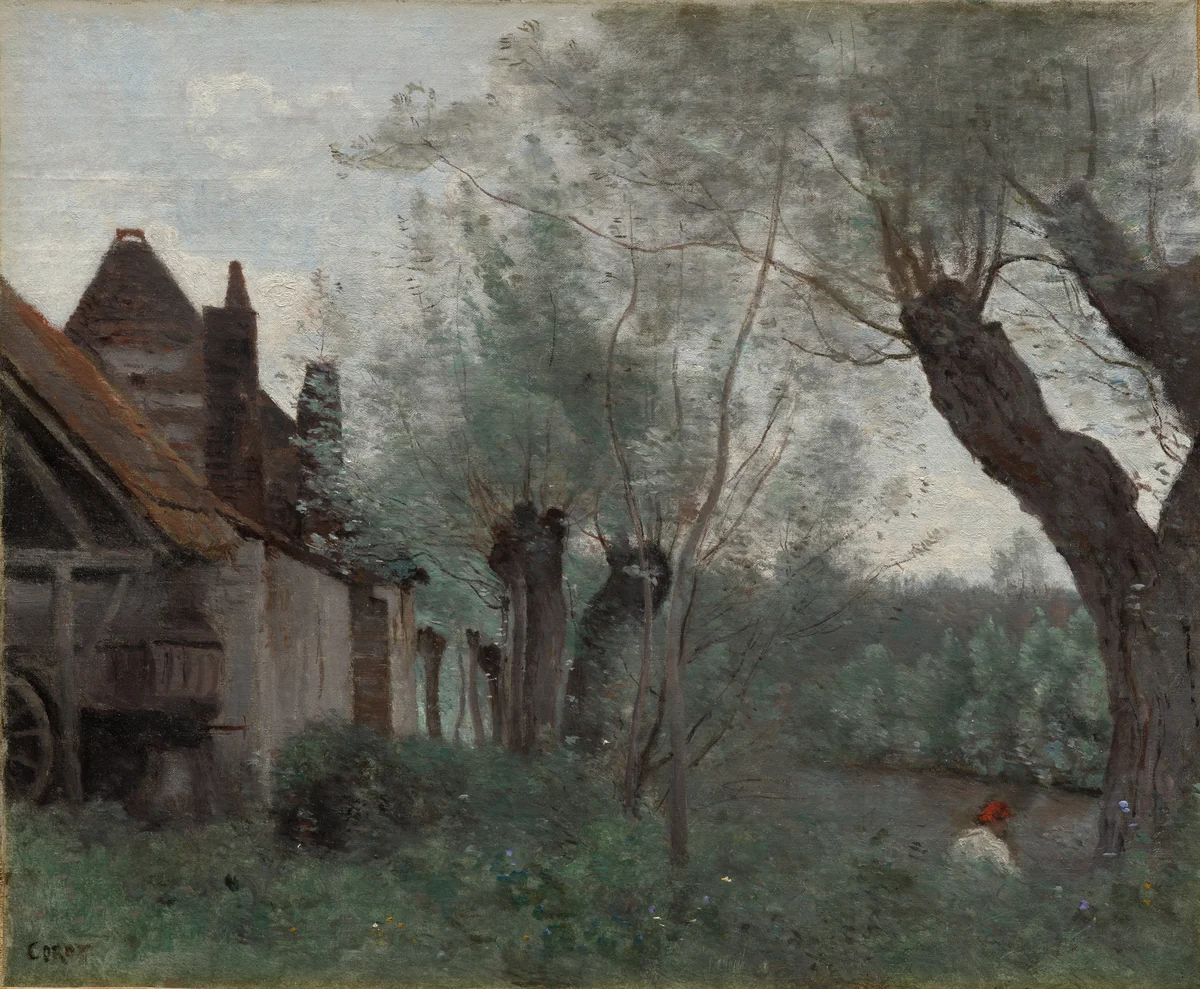 Willows and Farmhouse at Sainte-Catherine-lès-Arras by Jean-Baptiste-Camille Corot, painting, 1871
