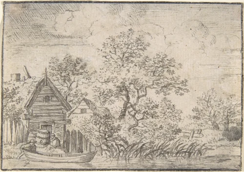 Two Men and a Boat by a House on the Water by anonymous, drawing, 1600-1700