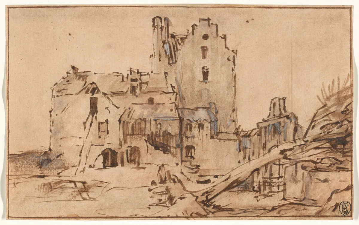 Kostverloren Castle in Decay by Rembrandt van Rijn, drawing, 1647-1657