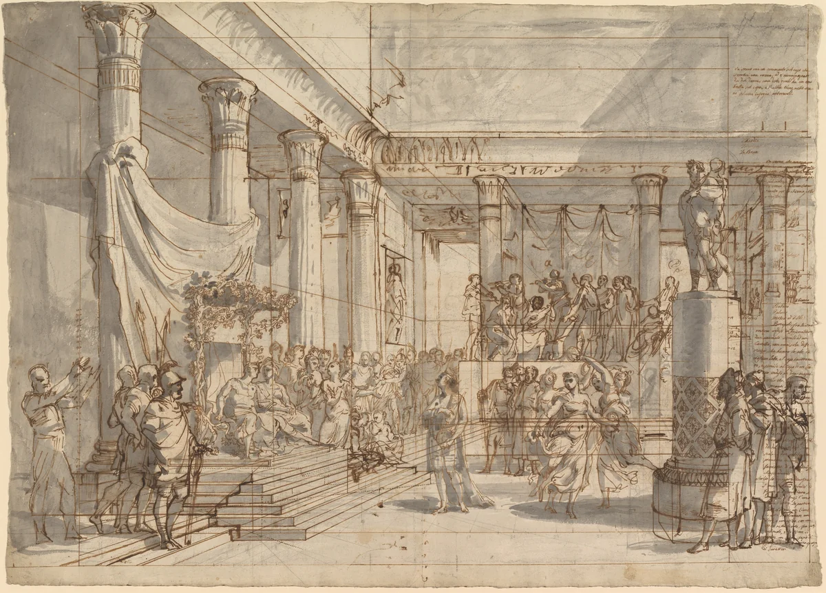 Timotheus Playing the Lyre before Alexander and Thaïs in the Hall of the Palace at Persepolis by Pietro Fancelli, drawing, 1820